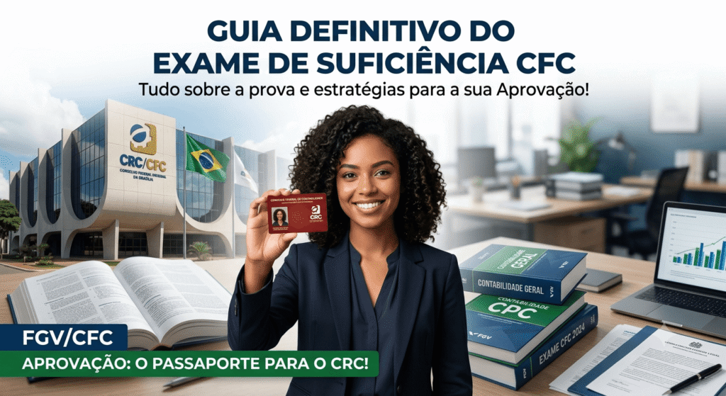 Mulher sorridente segurando uma carteira profissional do CRC, com o prédio do Conselho Federal de Contabilidade ao fundo, representando a aprovação no Exame de Suficiência CFC."