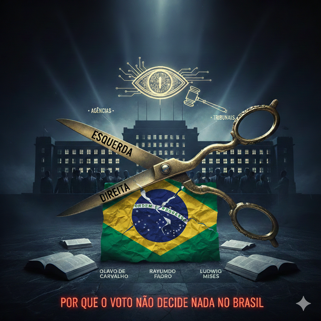 Descubra como o Teatro das Tesouras e o Estamento Burocrático neutralizam o voto no Brasil. Uma análise sob a ótica de Olavo de Carvalho, Faoro e Mises.