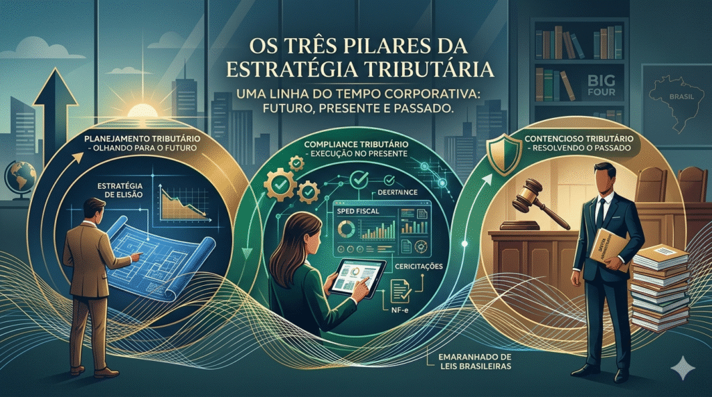 Estratégia tributária não é apenas pagar impostos. É Planejamento (futuro), Compliance (presente) e Contencioso (passado). Entenda como esses pilares funcionam juntos e proteja seu negócio.