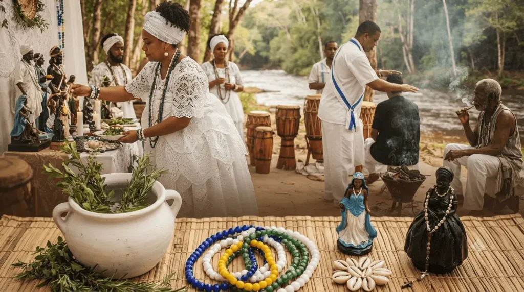 Integrantes de comunidades religiosas em um ritual ao ar livre, com elementos como contas (guias), ervas e imagens sagradas, representando a tradição e religião africana.