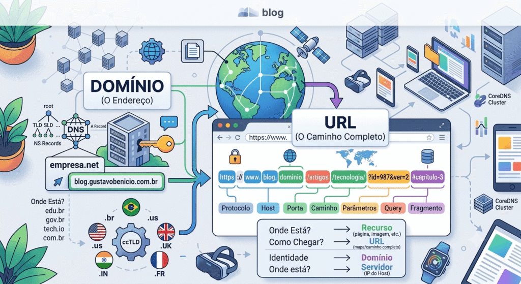 Ilustração técnica mostrando a diferença entre a estrutura de um domínio e a composição completa de uma URL.
