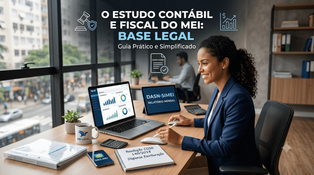 Empreendedora trabalhando em um escritório moderno, utilizando um laptop com gráficos financeiros e um caderno de anotações sobre a legislação do MEI.