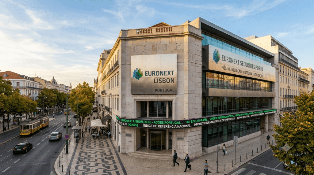 Imagem ilustrativa gerado por IA do Edifício da Euronext Lisbon e Euronext Securities Porto ilustrando o mercado de capitais em Portugal.