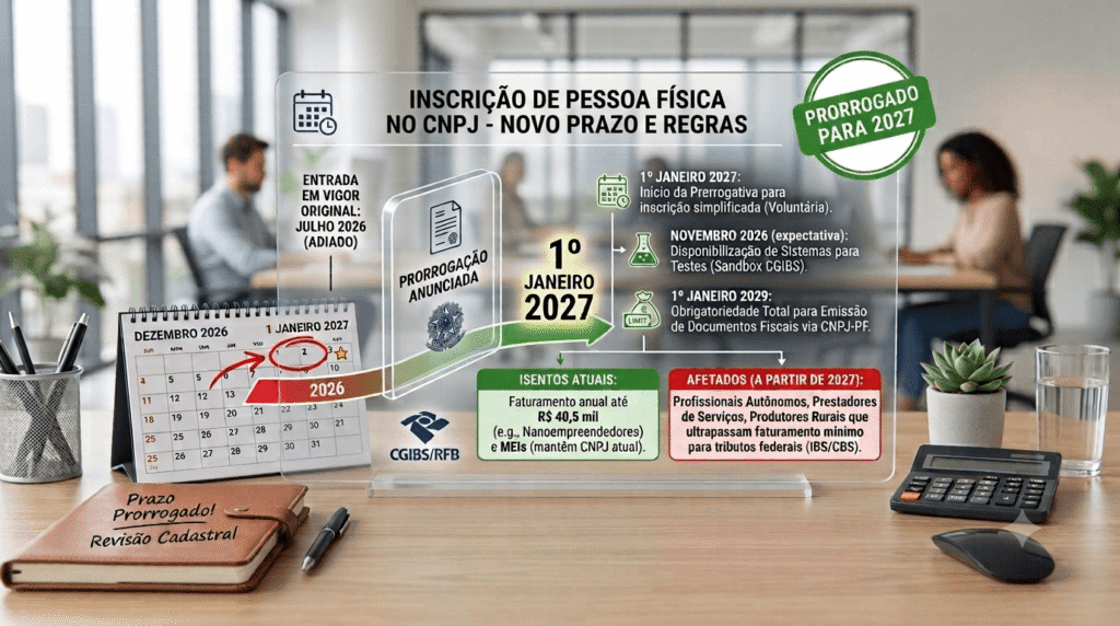 Infográfico explicando a prorrogação para 2027 da inscrição de Pessoa Física no CNPJ para documentos fiscais.
