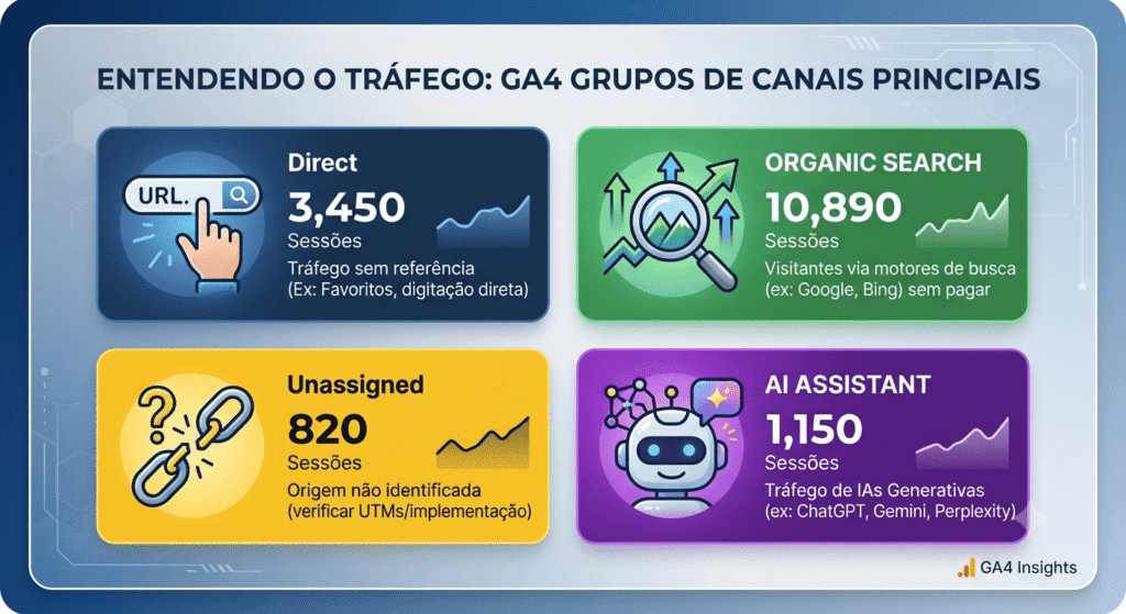 Infográfico mostrando grupos de canais do GA4: Direct, Organic Search, Unassigned e o novo canal AI Assistant.