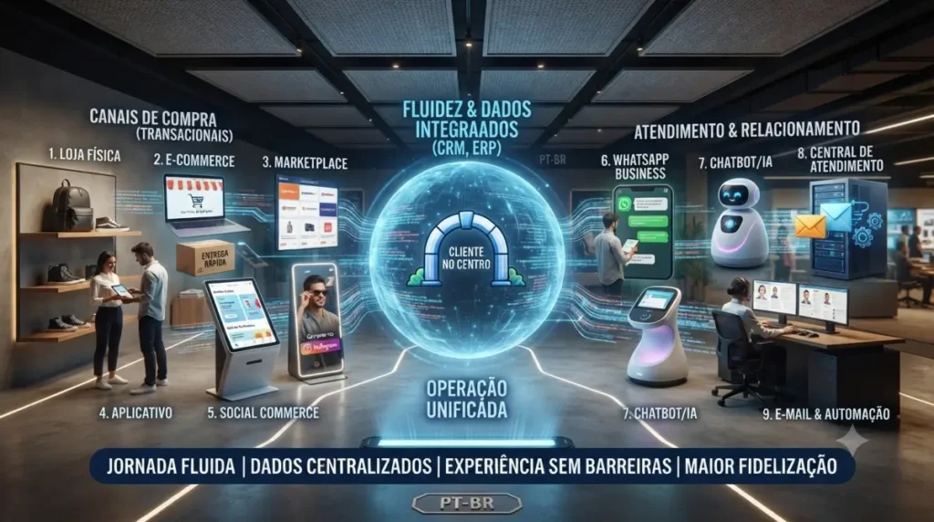 Infográfico ilustrando o ecossistema de uma empresa omnichannel, dividida entre canais de compra transacionais, atendimento, relacionamento e dados integrados.
