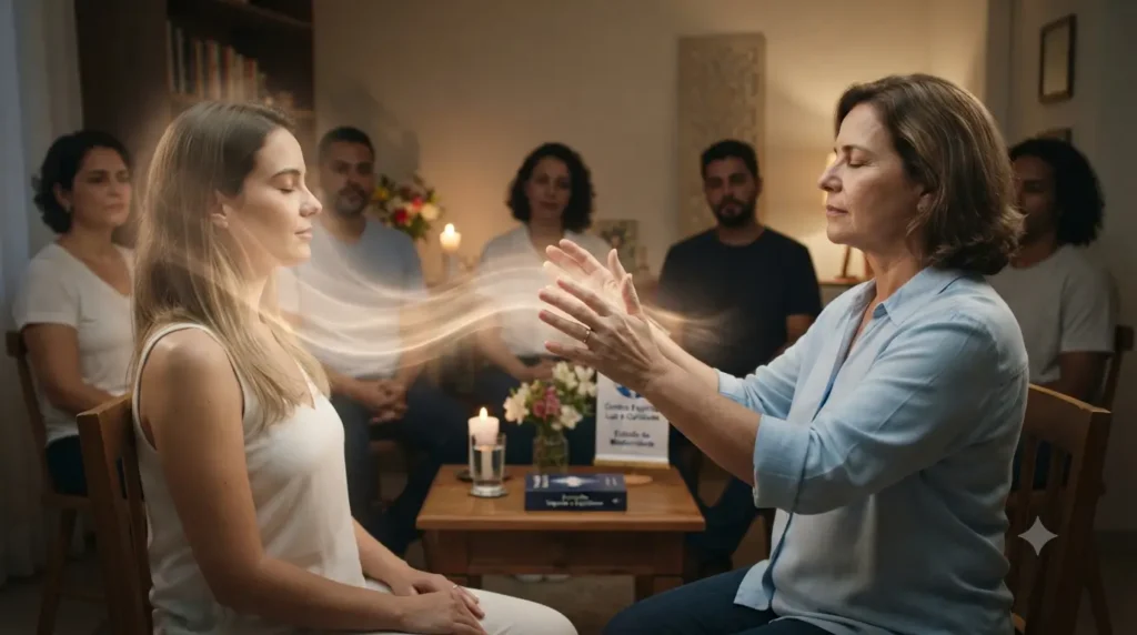 Mulher realizando um passe espírita, ilustrando a irradiação de energias sobre outra pessoa em um ambiente acolhedor.