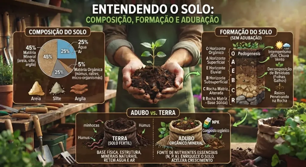 Infográfico detalhado sobre a composição do solo, formação sem adubação e a diferença entre terra e adubo, com as mãos de um agricultor segurando terra fértil com uma planta brotando.
