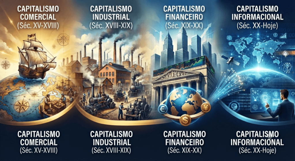 Infográfico ilustrando as quatro fases do capitalismo: Comercial, Industrial, Financeiro e Informacional.