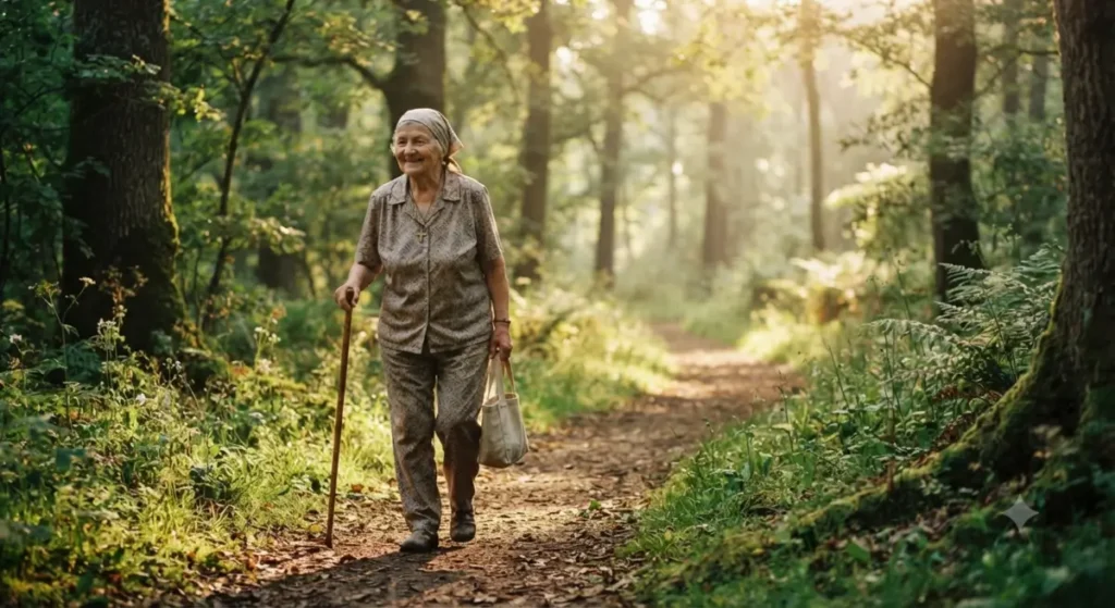 Uma senhora idosa caminhando calmamente por uma trilha na floresta iluminada pelo sol, simbolizando a jornada da vida e a humildade.
