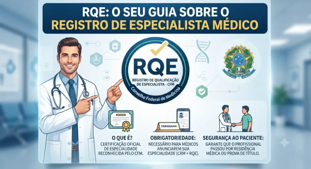 Médico apontando para um selo de RQE (Registro de Qualificação de Especialista) com ícones de certificação médica.
