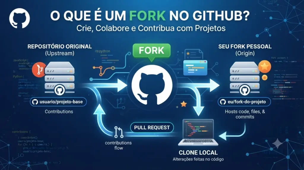 Infográfico explicando o conceito de Fork no GitHub, mostrando o fluxo entre repositório original, fork pessoal e clone local.