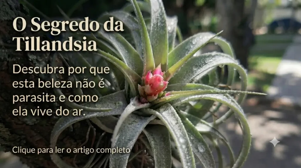 Planta epífita Tillandsia com flor rosa e folhas cobertas de orvalho apoiada em tronco de árvore.